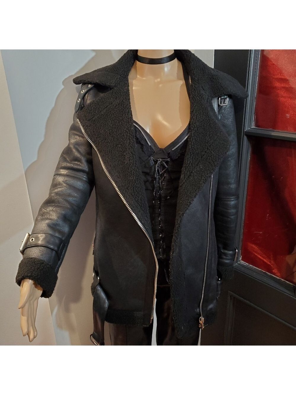 Avec Les Filles Faux Fur & Suede Long Biker Jacket